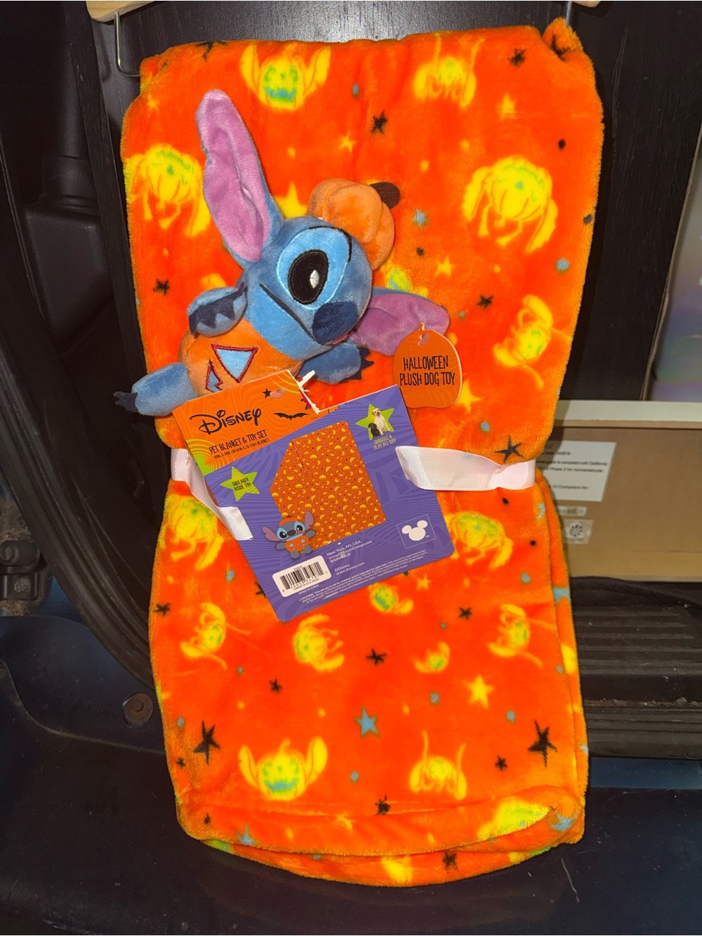 Disney Orange Halloween Stitch Plush pet Blanket with pet Toy! NWT!